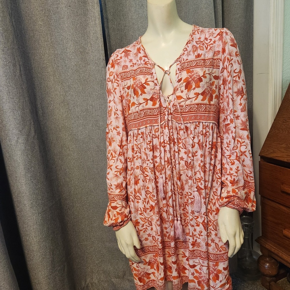 R.Vivimos Dress Medium Pink Red White Floral Boho Peasant Tassel Tie Midi SZ L
